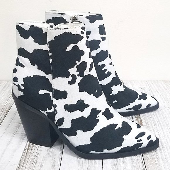 New Cow Print Cowboy Ankle Boots Booties - Picture 2 of 5
